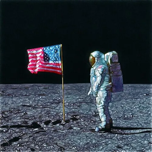 Apollo astronaut and American Flag on the Moon